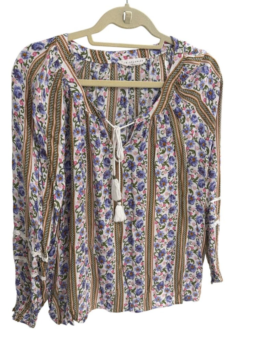 Jane + Delancey Floral Striped Long Sleeve Rayon Blouse Tassel Tie Neckline Larg